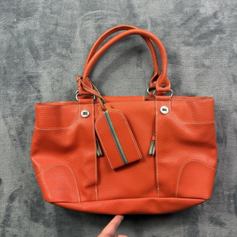 Vintage Y2K Tommy Hilfiger Orange Pebbled Leather Handbag Tote Satchel